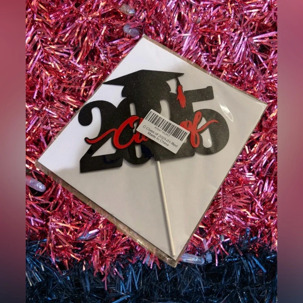 Class of 2025 Graduation Cake Topper - Black and Red Glitter